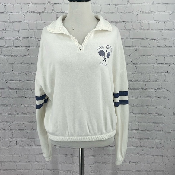 USA Tennis Team Greyson Threads Fleece White Half Zip Cropped Elastic Pullover S - Picture 1 of 6